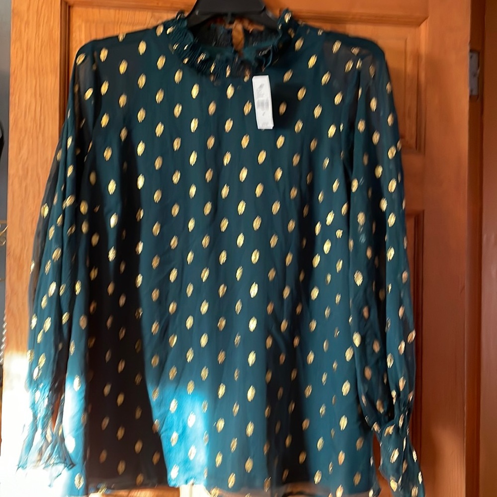 Festive emerald green blouse with gold threaded accents. Long sheer sleeves.